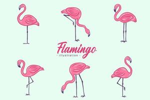 uppsättning av söta flamingo rosa fågelflamingos estetiska tropiska exotiska handritade platt stilsamling