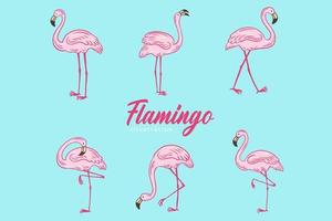 uppsättning av söta flamingo rosa fågelflamingos estetiska tropiska exotiska handritade platt stilsamling vektor