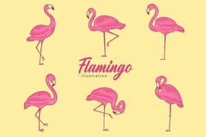 uppsättning av söta flamingo rosa fågelflamingos estetiska tropiska exotiska handritade platt stilsamling
