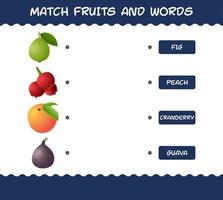 kombiniere Cartoon-Früchte und Wörter. Matching-Spiel. Lernspiel für Kinder und Kleinkinder im Vorschulalter vektor
