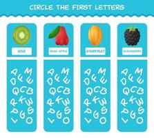 Kreisen Sie die Anfangsbuchstaben von Cartoon-Früchten ein. Matching-Spiel. Lernspiel für Kinder und Kleinkinder im Vorschulalter vektor