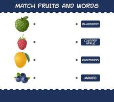 kombiniere Cartoon-Früchte und Wörter. Matching-Spiel. Lernspiel für Kinder und Kleinkinder im Vorschulalter vektor