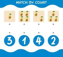 Match nach Anzahl der Cartoon-Avocados. Match-and-Count-Spiel. Lernspiel für Kinder und Kleinkinder im Vorschulalter vektor