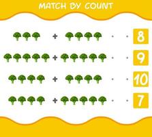Übereinstimmung durch Zählung von Cartoon-Brokkoli. Match-and-Count-Spiel. Lernspiel für Kinder und Kleinkinder im Vorschulalter vektor