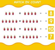Übereinstimmung durch Anzahl von Cartoon-Drachenfrüchten. Match-and-Count-Spiel. Lernspiel für Kinder und Kleinkinder im Vorschulalter vektor