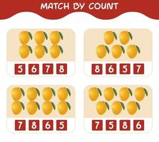 Match nach Anzahl der Cartoon-Mangos. Match-and-Count-Spiel. Lernspiel für Kinder und Kleinkinder im Vorschulalter vektor