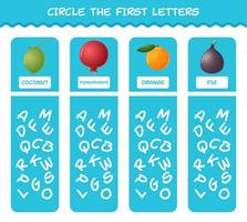 ringa in de första bokstäverna i tecknade frukter. matchande spel. pedagogiskt spel för barn och småbarn i förskoleåldern vektor