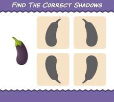 Finden Sie die richtigen Schatten von Cartoon-Auberginen. Such- und Zuordnungsspiel. Lernspiel für Kinder und Kleinkinder im Vorschulalter vektor