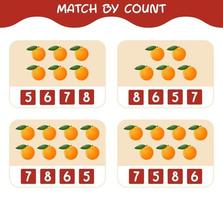 Übereinstimmung durch Anzahl der Cartoon-Orangen. Match-and-Count-Spiel. Lernspiel für Kinder und Kleinkinder im Vorschulalter vektor