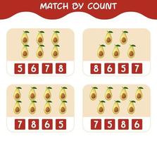 Match nach Anzahl der Cartoon-Avocados. Match-and-Count-Spiel. Lernspiel für Kinder und Kleinkinder im Vorschulalter vektor