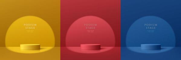 uppsättning abstrakta 3d-rum med gul, mörkblå och röd realistisk cylinderpiedestalpodium. vektor rendering geometriska former. minimal scen med ljus och skugga. scen showcase, mockup produkt display
