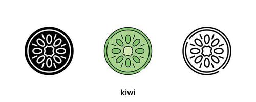 Kiwi-Icon-Design. Kiwi-Symbol in Silhouette gesetzt, farbig und linear. Kiwi Icon Line Vector Illustration isoliert auf einem sauberen Hintergrund für Ihr Logo-Design für mobile Webanwendungen. moderne Linie.