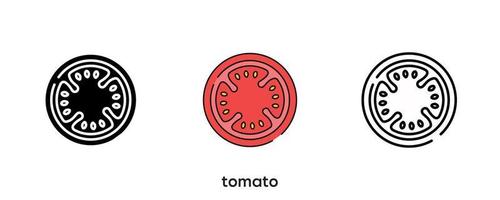Tomaten-Icon-Design. Tomatensymbol in Silhouette gesetzt, farbig und linear. Tomatensymbol-Linienvektorillustration isoliert auf einem sauberen Hintergrund für Ihr Logo-Design für mobile Webanwendungen. moderne Linie. vektor