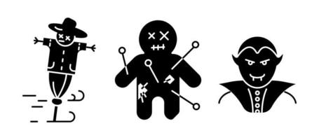 Vampir, verfluchte Puppe und Erntevogelscheuchen-Icon-Set. Set für Halloween-Konzept. Reihe von Silhouetten-Icons. vektor