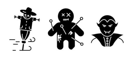 vampyr, förbannade docka och skörd fågelskrämma ikonuppsättning. set för halloween koncept. uppsättning siluett ikoner. vektor