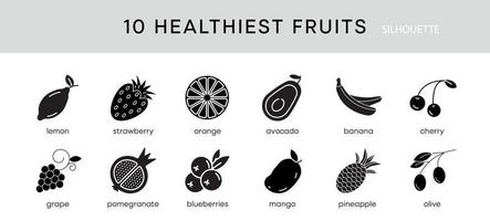 10 stycken hälsosammaste frukter ikonuppsättning. hälsosammaste frukter diet snacks vektor linje ikoner set. isolerad på en vit bakgrund. modern redigerbar siluett Ikonuppsättning. logotypen för din webbmobilapplikation.