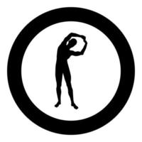 Mann, der Übungen macht, neigt sich zur Seite Sport Aktion männlich Training Silhouette Yoga Vorderansicht Symbol Farbe schwarz Abbildung im Kreis rund vektor