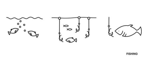 fiske ikonuppsättning. denna symbol är ikonsymbolen som visar fiskestadiet för fisken i havet. redigerbar ikonuppsättning. fiskeklubb eller online webbshop kreativ vektor linjekonst.