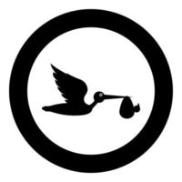 Storch trägt Baby in der Tasche fliegender Vogel mit Art im Schnabelbündel-Symbol im Kreis rundes schwarzes Farbvektor-Illustrations-Flat-Style-Image vektor