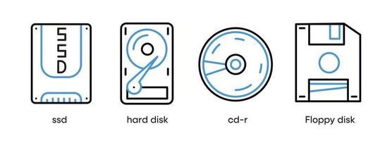 ssd, hårddisk, cd-r och diskettikonuppsättning. denna symbol är symboluppsättningen för datordelar. färgglada diskikon. redigerbar linje. logotyp, webb och app. vektor