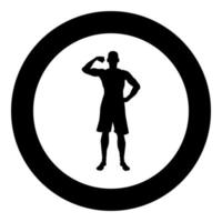 Bodybuilder zeigt Bizepsmuskeln Bodybuilding Sportkonzept Silhouette Vorderansicht Symbol schwarze Farbe Abbildung im Kreis rund vektor