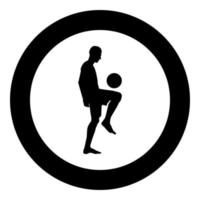 Fußballspieler jongliert Ball mit seinem Knie oder stopft den Ball auf seinem Fuß Silhouette Symbol schwarz Farbe Abbildung im Kreis rund vektor