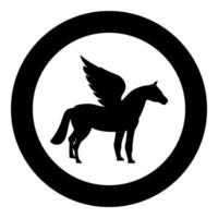 pegasus bevingad häst silhuett mytisk varelse fantastiskt djurikon i cirkel rund svart färg vektorillustration platt stilbild vektor