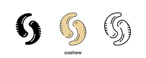 Cashew-Icon-Design. Cashew-Symbol in Silhouette gesetzt, farbig und linear. Cashew-Symbol-Linie-Vektor-Illustration isoliert auf einem sauberen Hintergrund für Ihr Logo-Design für mobile Webanwendungen. moderne Linie. vektor