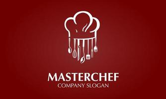 Meisterkoch-Vektor-Logo-Vorlage. Verwenden Sie dieses Logo für einen Koch, ein Restaurant, Catering oder andere lebensmittelbezogene Dienstleistungen. Vektor-Logo-Illustration. sauberer und moderner Stil auf rotem Hintergrund.