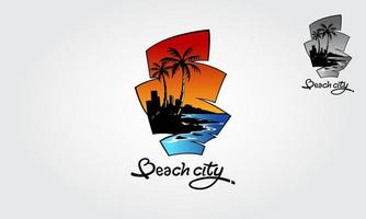 beach city vektor logotyp mall. vatten havsvågor med byggnad, stad, konstruktion, sol, palm och strand, för semester, restaurang och hotell. beach city logotyp är helt anpassningsbar.