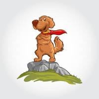 hundemaskottchen zeichentrickfigur. die hundevektorkarikaturillustration steht auf den felsen mit einem superheldenkostüm. vektor