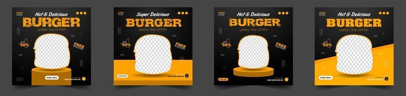 Designvorlage für Burger-Social-Media-Post-Banner. Burger-Social-Banner, Burger-Banner-Design, Fast-Food-Social-Media-Vorlage für Restaurant. Burger-Social-Media-Banner mit gelber und schwarzer Farbe. vektor