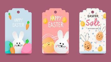 påsk taggar, etiketter med söt kanin. trendig påskdesign med typografi, handritade streck, blommor och ägg, kaniner i pastellfärger. modern minimalistisk stil. vektor