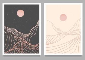 uppsättning av kreativa minimalistiska moderna linjekonsttryck. abstrakt berg samtida estetiska bakgrunder landskap. med berg, skog, hav, skyline, våg. vektor illustrationer