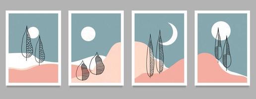 naturliga abstrakt bergslandskap bakgrund på set. kreativa minimalistiska illustrationer av mitten av århundradets moderna. berg, skog, hav, himmel, våg vektor