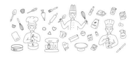 handritad uppsättning av matlagning köksutrustning med människor chef. doodle skiss stil. bagerielement. illustration för ikon, meny, receptdesign. vektor