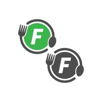gabel und löffel symbol kreisen buchstabe f logo design vektor