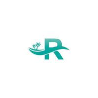 bokstaven r logotyp kokospalmer och vatten våg ikon design vektor