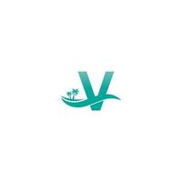 Buchstabe V Logo Kokospalme und Wasserwellen-Icon-Design vektor