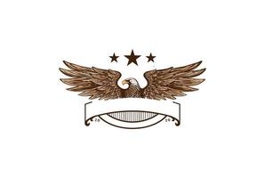 retro vintage american eagle falcon hawk abzeichen emblem mit ausgebreiteten flügeln und band logo design vektor