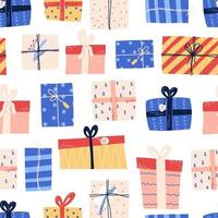 Weihnachtsgeschenk Musterdesign im handgezeichneten Cartoon-Stil - Vektorillustration auf weißem Hintergrund. ideal für Geschenkpapier und Textildrucke.
