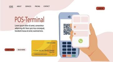 Online-Shopping-Konzept. QR-Code-Zahlung. Kauf über ein POS-Terminal. getrennt auf einem weißen Hintergrund. Vektor Stock Illustration für Banner, Macht,