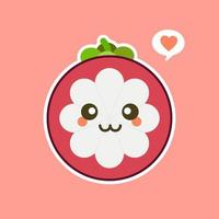 söt och kawaii platt tecknad mangostan illustration. vektor illustration av söt mangostan med ett leende uttryck. söt frukt maskot design