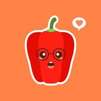 süßer und kawaii roter Paprika. gesundes lebensmittelkonzept. Pfeffer mit Emoji-Emoticon. zeichentrickfiguren für kinder zum ausmalen, ausmalbilder, t-shirt druck, symbol, logo, etikett, aufnäher, aufkleber, vegan vektor