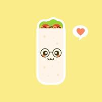 söt och kawaii rolig leende glad burrito. mexikansk mat platt design vektorillustration. traditionell mexikansk måltid, snabbmat. ljusa och positiva clipart, komposition. vektor