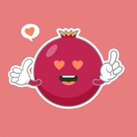 niedliche und kawaii granatapfel-zeichentrickfigur lokalisiert auf farbiger hintergrundvektorillustration. lustiges positives und freundliches Emoticon-Gesichtssymbol. glückliches Lächeln Cartoon Gesicht Essen Emoji, komische Frucht vektor