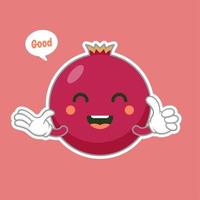 niedliche und kawaii granatapfel-zeichentrickfigur lokalisiert auf farbiger hintergrundvektorillustration. lustiges positives und freundliches Emoticon-Gesichtssymbol. glückliches Lächeln Cartoon Gesicht Essen Emoji, komische Frucht vektor