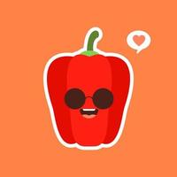 süßer und kawaii roter Paprika. gesundes lebensmittelkonzept. Pfeffer mit Emoji-Emoticon. zeichentrickfiguren für kinder zum ausmalen, ausmalbilder, t-shirt druck, symbol, logo, etikett, aufnäher, aufkleber, vegan vektor