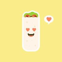 söt och kawaii rolig leende glad burrito. mexikansk mat platt design vektorillustration. traditionell mexikansk måltid, snabbmat. ljusa och positiva clipart, komposition. vektor