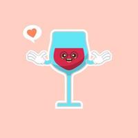 süßes und kawaii glas rotwein, zeichentrickfigurendesign. Alkohol-Maskottchen. Transparentes Glas. flache vektorillustration lokalisiert auf farbigem hintergrund vektor